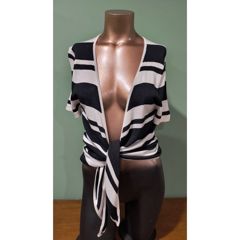 Black and White Striped Tie Front Short Sleeve Cardigan Knit Size Medium